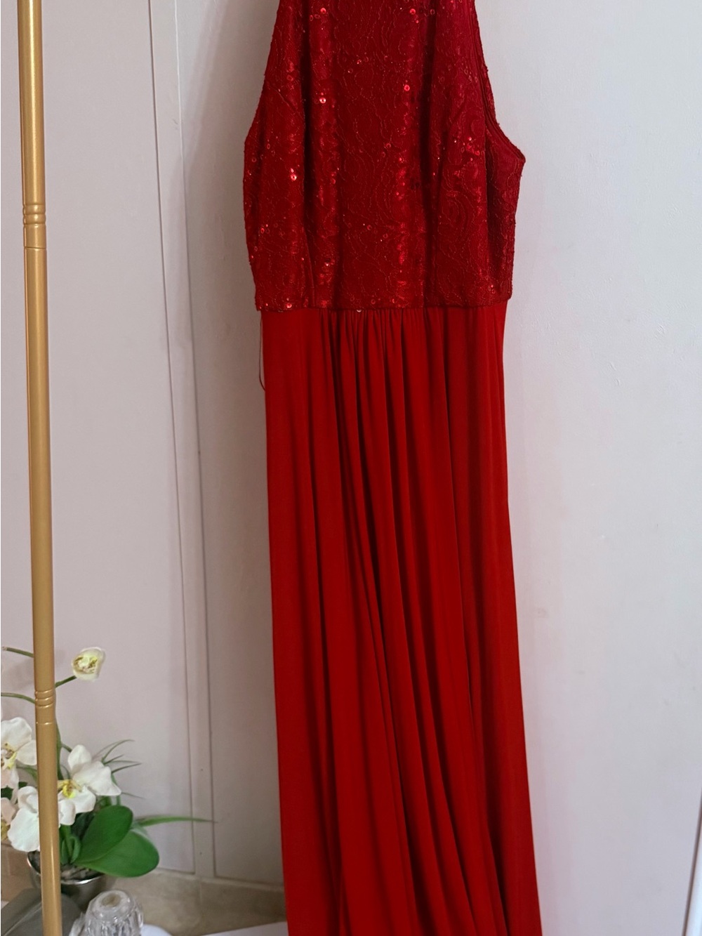 Night Way Collections Red Sequin Halter Evening Gown